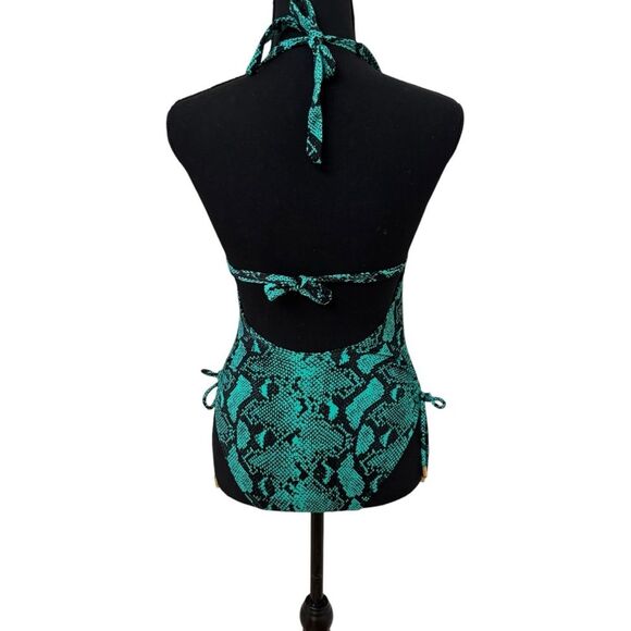 No Boundaries Green Snake Print Halter Swimsuit - Picture 2 of 7